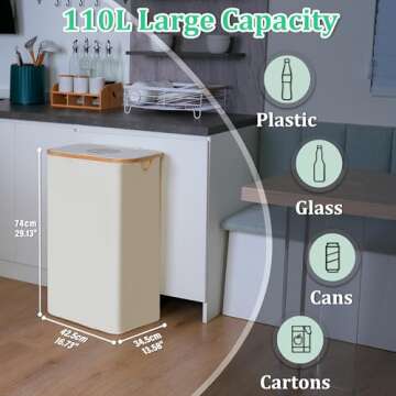 iEGrow 29 Gallon Recycling Bin for Kitchen, Indoor Home Recycle Bins with Lid, 110L Large Recycling bin with 2 Removeable Reusable Inner Bags, for Bottles Cans Glass Plastice Cartons(Beige)