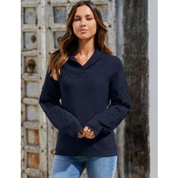 ZHENWEI Cable Knit Polo Collar Sweater Women Trendy Fall Fashion 2023 V Neck Long Sleeve Comfy Winter Pullover Tops Cloth Navy Blue M