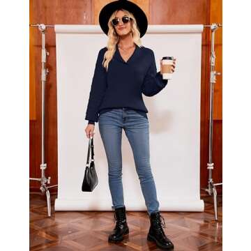 ZHENWEI Cable Knit Polo Collar Sweater Women Trendy Fall Fashion 2023 V Neck Long Sleeve Comfy Winter Pullover Tops Cloth Navy Blue M