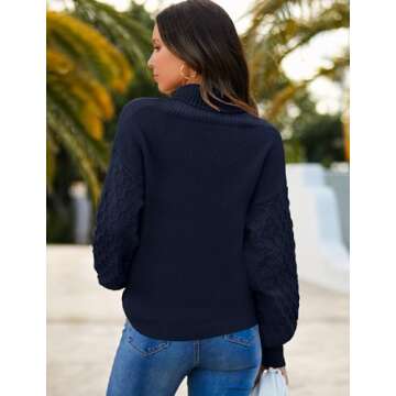 ZHENWEI Cable Knit Polo Collar Sweater Women Trendy Fall Fashion 2023 V Neck Long Sleeve Comfy Winter Pullover Tops Cloth Navy Blue M