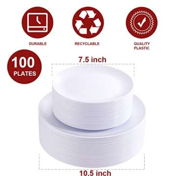 PULOTE 100PCS White Plastic Plates - Elegant, Durable, and Versatile Dinnerware Set