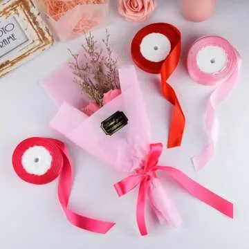 ASTARON Satin Ribbon for Crafts 1 Inch, Red Pink Solid Color Ribbon Fabric Ribbon for Gift Wrapping Bouquets DIY Hair Bows Silk Ribbon for Valentine's Decorations