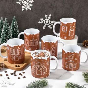 Zubebe 6 Pcs Christmas Coffee Mugs Set 11oz Gingerbread Ceramic Coffee Cups Stackable Cocoa Milk Tea Holiday Mugs Christmas Party Decor Gift for Women Family Friends Colleagues