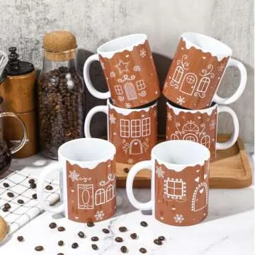 Zubebe 6 Pcs Christmas Coffee Mugs Set 11oz Gingerbread Ceramic Coffee Cups Stackable Cocoa Milk Tea Holiday Mugs Christmas Party Decor Gift for Women Family Friends Colleagues