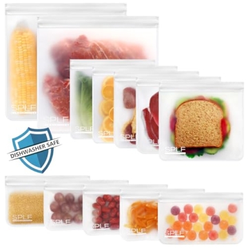 SPLF 12 Pack Dishwasher Safe Reusable Storage Bags (5 Sandwich Bags, 5 Snack Bags, 2 Gallon Bags), B...