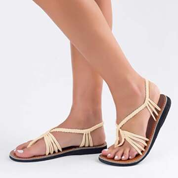 Plaka Seashell Flat Strappy Sandals for Women | Boho Sandals for Women | Rope Sandals for Beach Walk, Poolside and Dressy Occasions | Ivory | Size 8