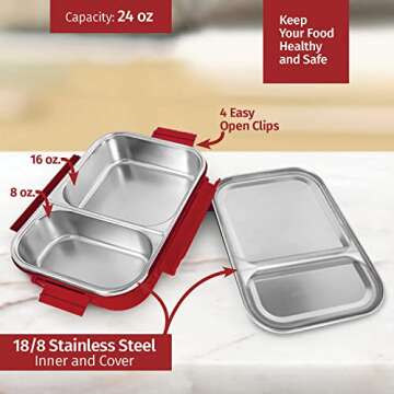 Signoraware Stainless Steel Bento Box -Adult Lunch Box For Men, Women, Kids- Bento Lunch Box Leak Proof Between 2 Compartments- Meal Prep Containers- Lunch Containers For Adults And Kids School Red