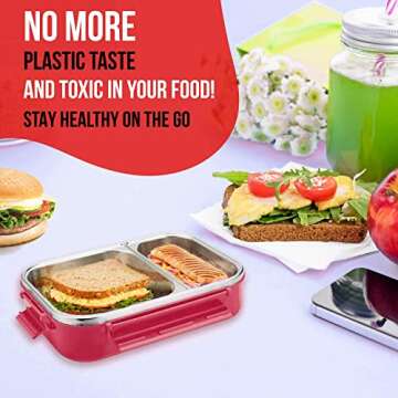 Signoraware Stainless Steel Bento Box -Adult Lunch Box For Men, Women, Kids- Bento Lunch Box Leak Proof Between 2 Compartments- Meal Prep Containers- Lunch Containers For Adults And Kids School Red