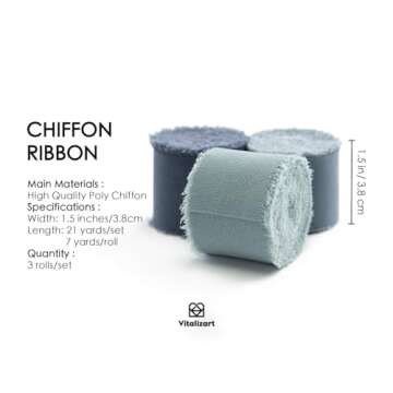 Vitalizart Dusty Blue Handmade Chiffon Silk Ribbon Fringe 1.5" x 21 Yd Frayed Edges Ribbons for Wedd...