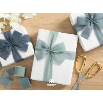 Vitalizart Dusty Blue Handmade Chiffon Silk Ribbon Fringe 1.5" x 21 Yd Frayed Edges Ribbons for Wedding Invitations Bridal Bouquets Gifts Wrapping Crafts Holiday Party Decorations