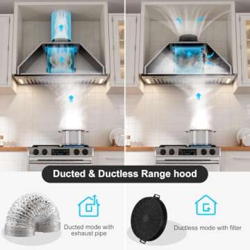 BRANO Range Hood Insert 30 Inch, 900 CFM Voice/Gesture/Touch Control Build-in Kitchen Hood Vent with 4 Speed Exhaust Fan, Memory Mode, Adjustable Lights, Ducted/Ductless Convertible, Black