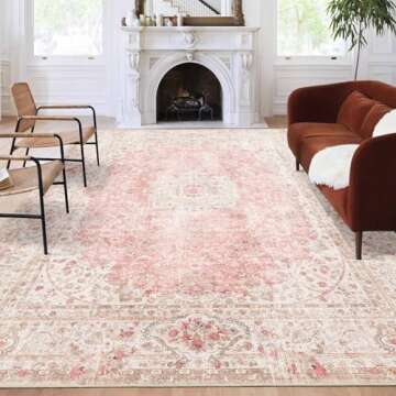 Castage 9x12 Area Rugs Washable, Pink Rug for Living Room Bedroom Dining Room, Large Boho Vintage Bo...