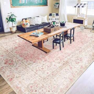 Castage Pink Area Rug 9x12 - Washable Non-Slip Design