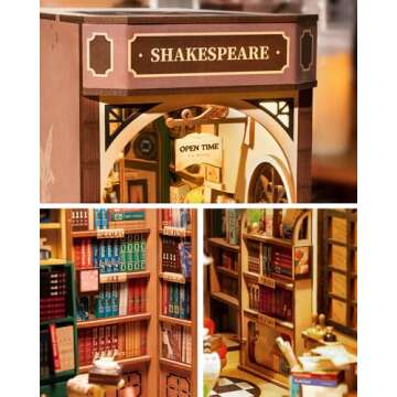 Rolife DIY Book Nook Kit 3D Wooden Puzzles for Adults 8.6" Bookstore Miniature House Kit Booknook Bookshelf Insert Decor with LED Lights Craft Kits Unique Gifts for Him Her