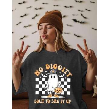 Halloween Shirts for Women Oversized Spooky: No Diggity Shirt Cute Ghost Graphic Tee Halloween Costu...