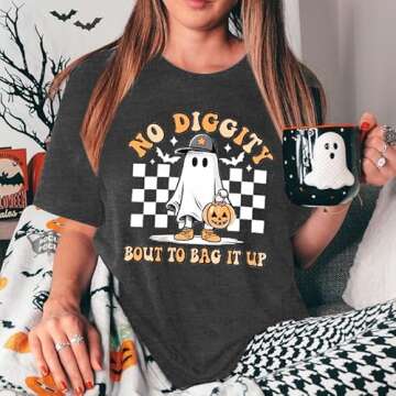 Halloween Shirts for Women Oversized Spooky: No Diggity Shirt Cute Ghost Graphic Tee Halloween Costumes 2024 Grey