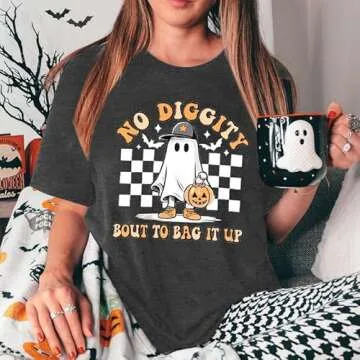 Halloween Shirts for Women Oversized Spooky: No Diggity Shirt Cute Ghost Graphic Tee Halloween Costumes 2024 Grey
