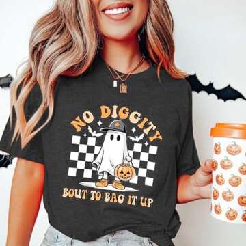 Halloween Shirts for Women Oversized Spooky: No Diggity Shirt Cute Ghost Graphic Tee Halloween Costumes 2024 Grey