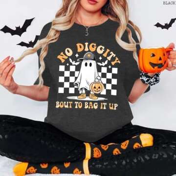 Halloween Shirts for Women Oversized Spooky: No Diggity Shirt Cute Ghost Graphic Tee Halloween Costumes 2024 Grey