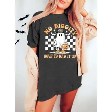 Halloween Shirts for Women Oversized Spooky: No Diggity Shirt Cute Ghost Graphic Tee Halloween Costumes 2024 Grey