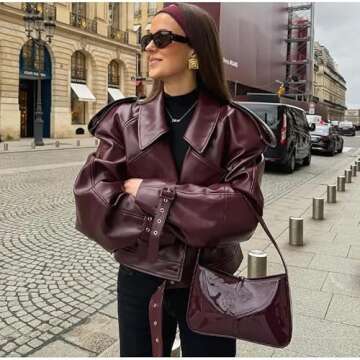 NIFTRIRY Womens Jacket Leather Jacket Fall Fashion Oversized Faux Motorcycle Jacket with Belt Fall Outfits 2025