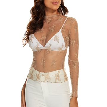 AILBBE Mesh Long Sleeve Layering Top - Floral Embroidery Tee Shirt Blouse (Beige, M)