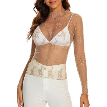 AILBBE Mesh Long Sleeve Floral Embroidery Layering Top