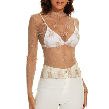 AILBBE Mesh Long Sleeve Floral Embroidery Layering Top