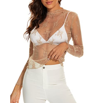 AILBBE Mesh Long Sleeve Floral Embroidery Layering Top