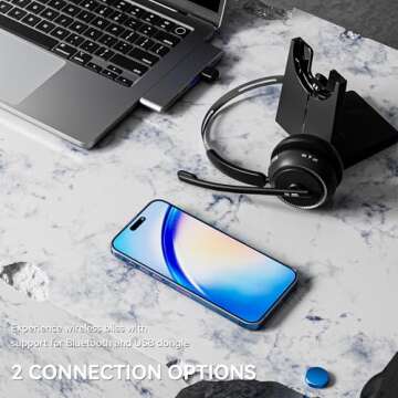 LEVN Wireless Headset, Wireless Headset with Mic for Work(Noise Cancelling), 65 Hours Woktime & Mute Button, Wireless Headset with Charging Base, Suitable for Call Center/Work from Home