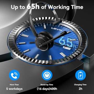 LEVN Wireless Headset, Wireless Headset with Mic for Work(Noise Cancelling), 65 Hours Woktime & Mute Button, Wireless Headset with Charging Base, Suitable for Call Center/Work from Home