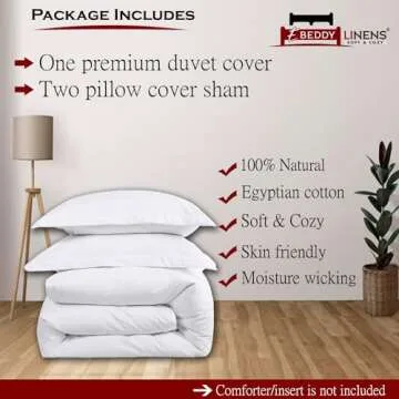 eBeddy Linens Egyptian Cotton Super King Plus 120x120 Size White Duvet Cover Set with Zipper Closer & 7 Corner Ties Soft Cozy 1 Comforter Cover and 2 Pillow Shams Durable Stitch, White Solid