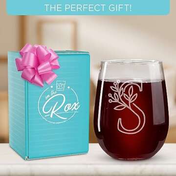 On The Rox Drinks Monogrammed Gifts For Women and Men - Letter A-Z Initial Engraved Monogram Stemless Wine Glass - 17 Oz Personalized Wine Gifts For Women and Men (S)