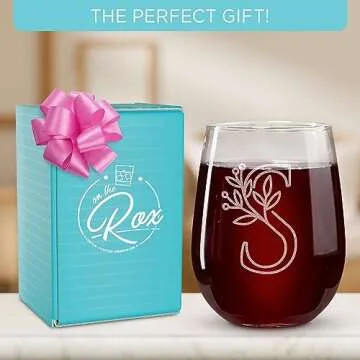 On The Rox Drinks Monogrammed Gifts For Women and Men - Letter A-Z Initial Engraved Monogram Stemless Wine Glass - 17 Oz Personalized Wine Gifts For Women and Men (S)