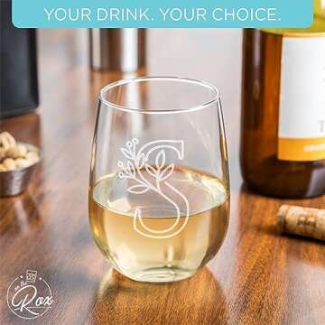 On The Rox Drinks Monogrammed Gifts For Women and Men - Letter A-Z Initial Engraved Monogram Stemless Wine Glass - 17 Oz Personalized Wine Gifts For Women and Men (S)