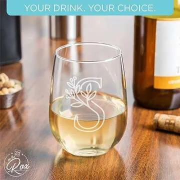 On The Rox Drinks Monogrammed Gifts For Women and Men - Letter A-Z Initial Engraved Monogram Stemless Wine Glass - 17 Oz Personalized Wine Gifts For Women and Men (S)