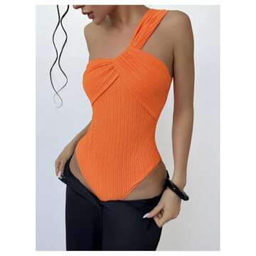 OYOANGLE Women's Textured One Shoulder Twist Front Ruched Bodysuit Sleeveless Tank Top Body Suits Orange Medium