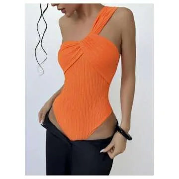 OYOANGLE Women's Textured One Shoulder Twist Front Ruched Bodysuit Sleeveless Tank Top Body Suits Orange Medium