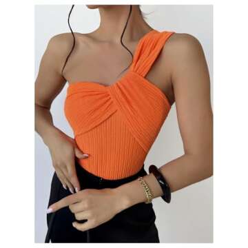 OYOANGLE Women's Textured One Shoulder Twist Front Ruched Bodysuit Sleeveless Tank Top Body Suits Orange Medium