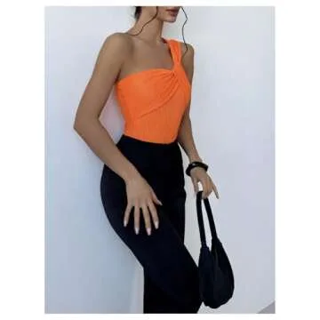 OYOANGLE Women's Textured One Shoulder Twist Front Ruched Bodysuit Sleeveless Tank Top Body Suits Orange Medium