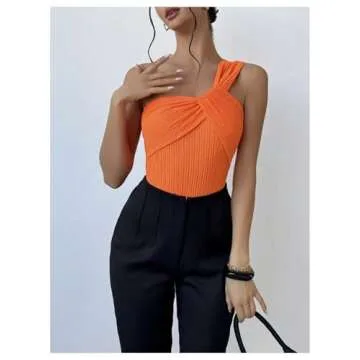 OYOANGLE Women's Textured One Shoulder Twist Front Ruched Bodysuit Sleeveless Tank Top Body Suits Orange Medium