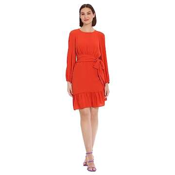 Donna Morgan Women's Long Sleeve Asymmetrical Hem Flounce Dress with Waist Tie Event Party Occasion ...