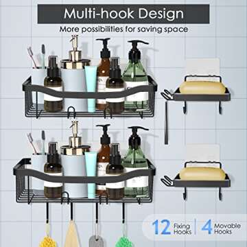 JONYJ Shower Caddy, 2-Pack Adhesive Shower Organizer with 2 Soap Dishes and 16 Hooks,Shower Shelf for Bedroom, Living Room, Bathroom, Kitchen