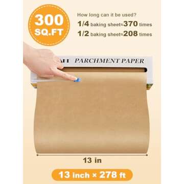 SMARTAKE Parchment Paper Roll for Baking, 13 in x 278 ft, 300 sq.ft, Non-Stick Baking Paper Sheets with Slide Cutter, Heavy Duty Extra Long, for Kitchen Baking Cooking Grilling Steaming, Unbleached