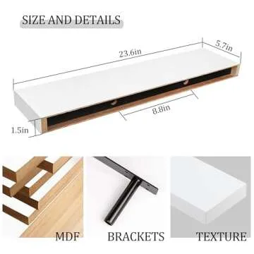 BAMEOS Floating Shelf,Wall Shelf,Decor Wall Mounted Shelves,Hanging Shelf Set L24xW6 for Bathroom Kitchen Living,Kitchen,Room Bedroom Storage,White
