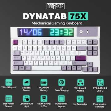 EPOMAKER DynaTab 75X Wireless Gaming Keyboard - RGB Dot-Matrix LED Screen, Hot Swap, Bluetooth/2.4G/...