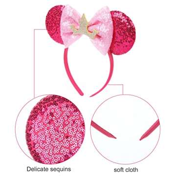 Mouse Ears Headband Bow Glitter Princess Costume Hair Accessories for Women Trip Party Supplies Pink