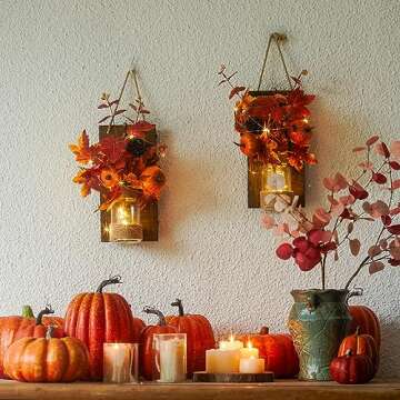 Anna's Whimsy 2PACK Fall Decor Mason Jar Sconce Wall Decor Rustic with Remote Control LED Fairy Lights - Artificial Fall Flowers Fall Decorations for Home Bedroom Farmhouse(Pumpkin)