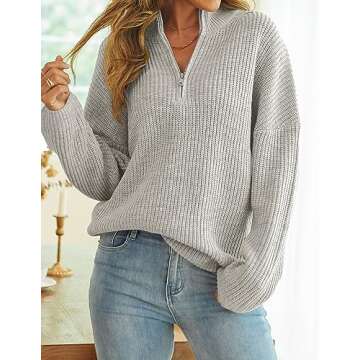 MEROKEETY Women's 2024 Long Sleeve Chunky Knit Sweaters 1/4 Zip Polo V Neck Casual Pullover Tops,Grey,S