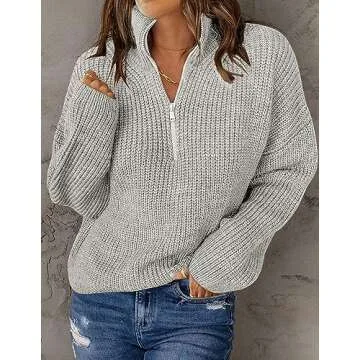 MEROKEETY Women's 2024 Long Sleeve Chunky Knit Sweaters 1/4 Zip Polo V Neck Casual Pullover Tops,Grey,S